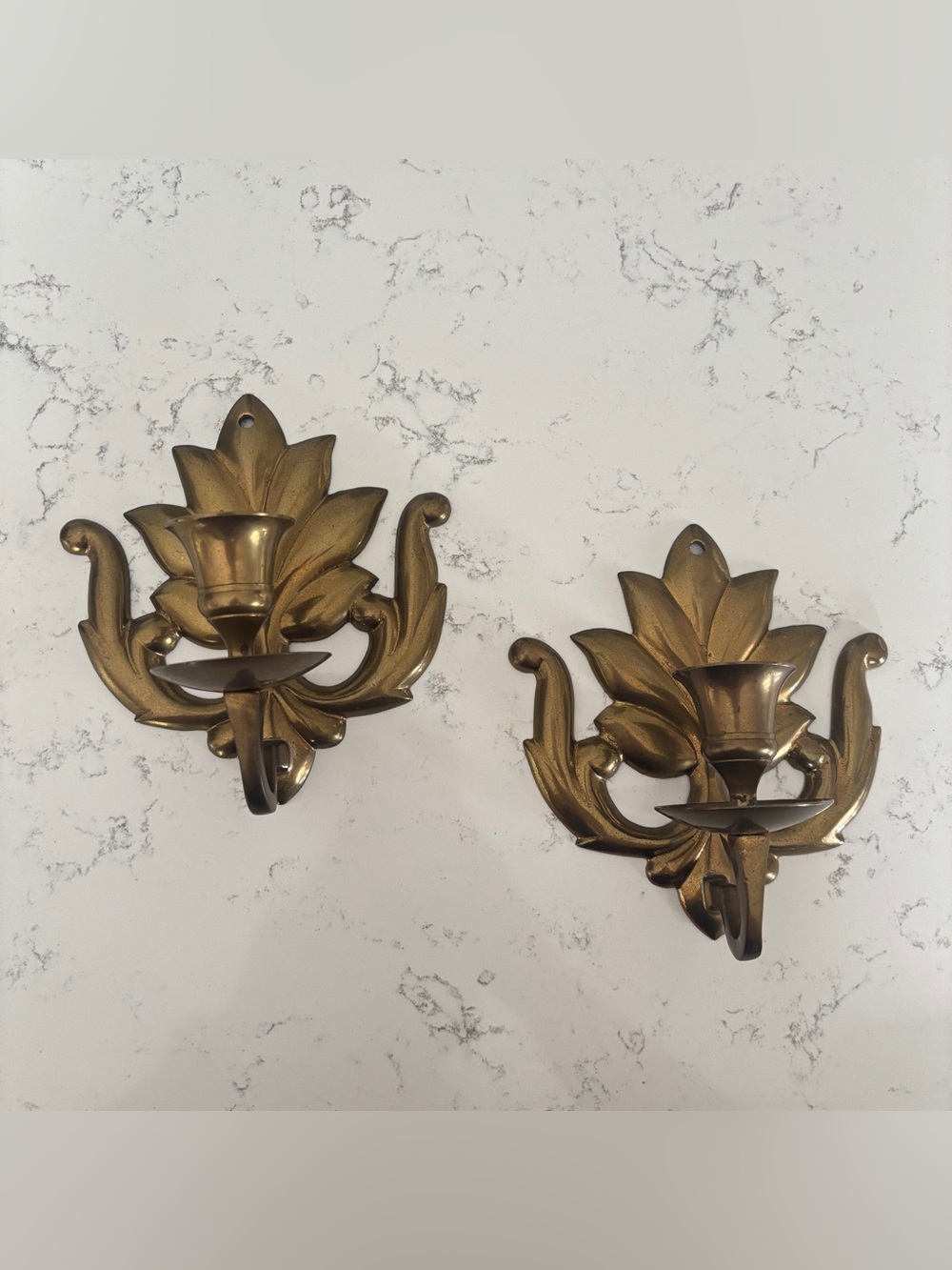 Vintage Pair of Rosenthal-Netter Brass Fleur de Lis Wall Sconce Candle Holders